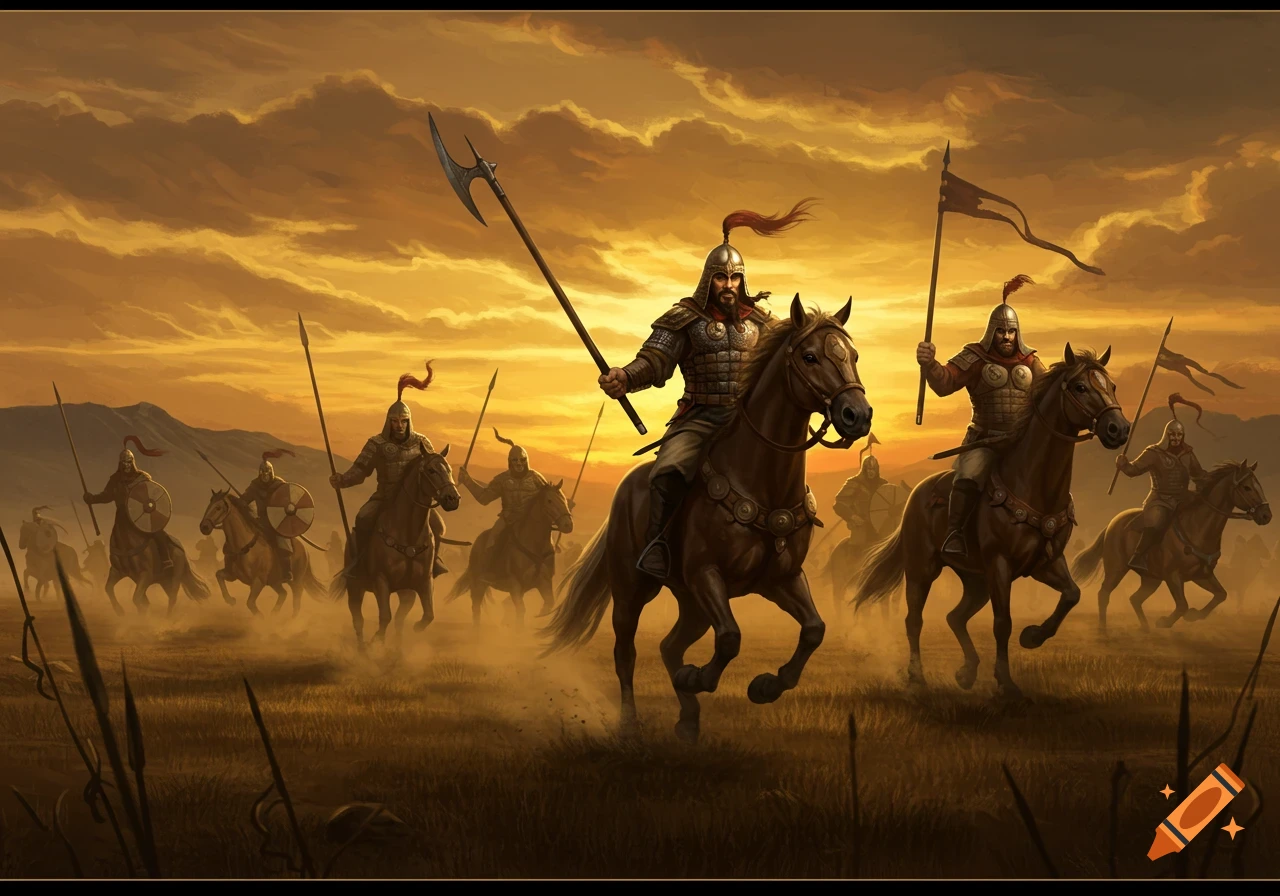 An army of armored warriors rides horses across a dusty field under an orange, cloudy sky at sunset, digital painting.