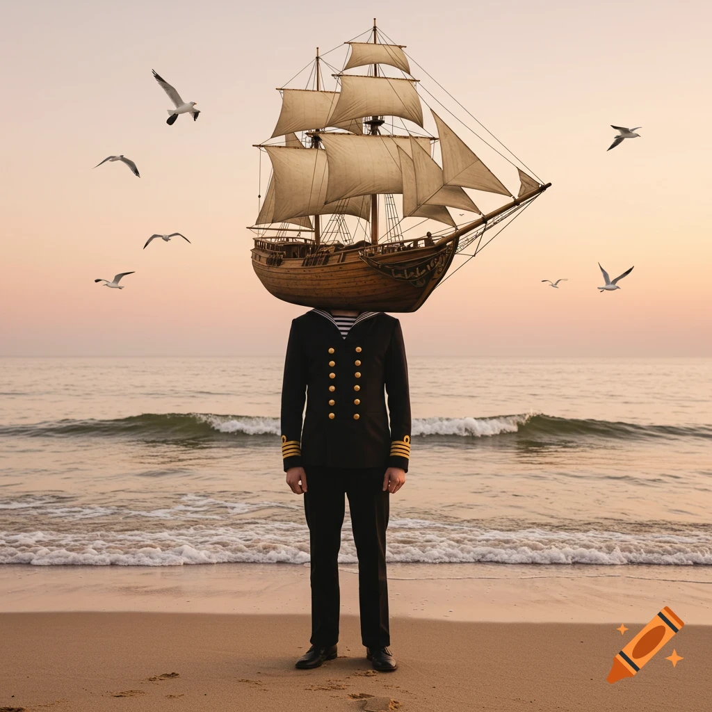 A surreal photorealistic image of a man in a sailor suit with a sailing ship for a head, standing on a sandy beach at sunset.