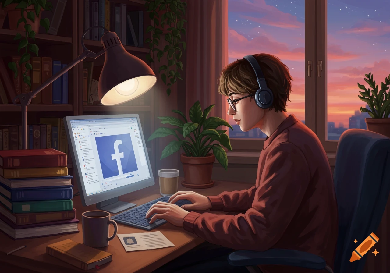 An illustration of a person with headphones, wearing glasses, typing on a desktop computer with the Facebook logo on the screen, in a cozy room at sunset.