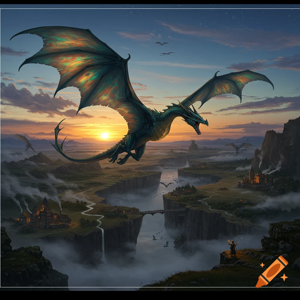 A large green dragon with colorful wings soars over a vast fantasy landscape with castles, waterfalls, and a wizard at sunset.
