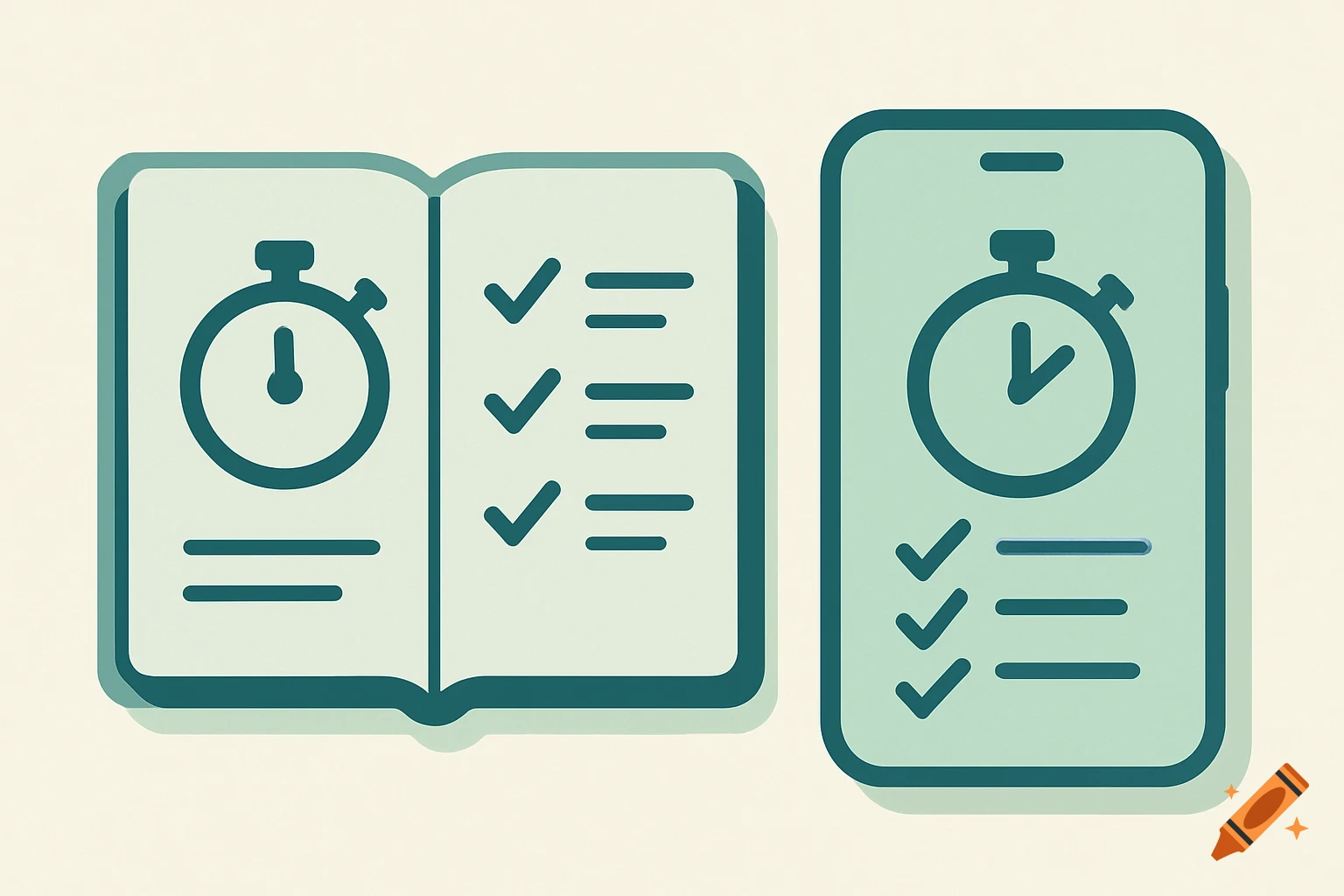Minimalist flat icon of an open notebook and smartphone with timer icons and task checkmarks in soft green and light blue.