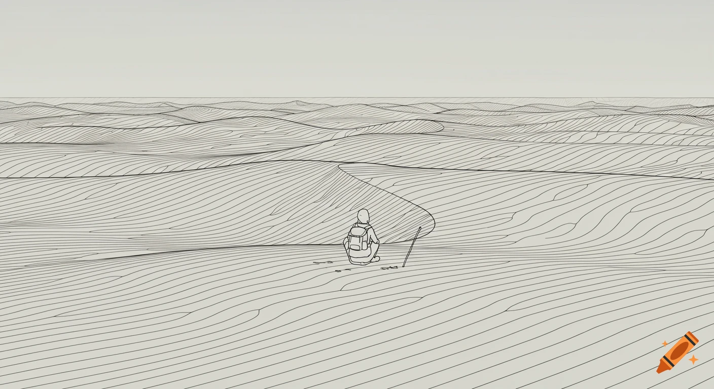 A lone traveler with a backpack sits in a vast, line-drawn desert landscape with a walking stick beside them.