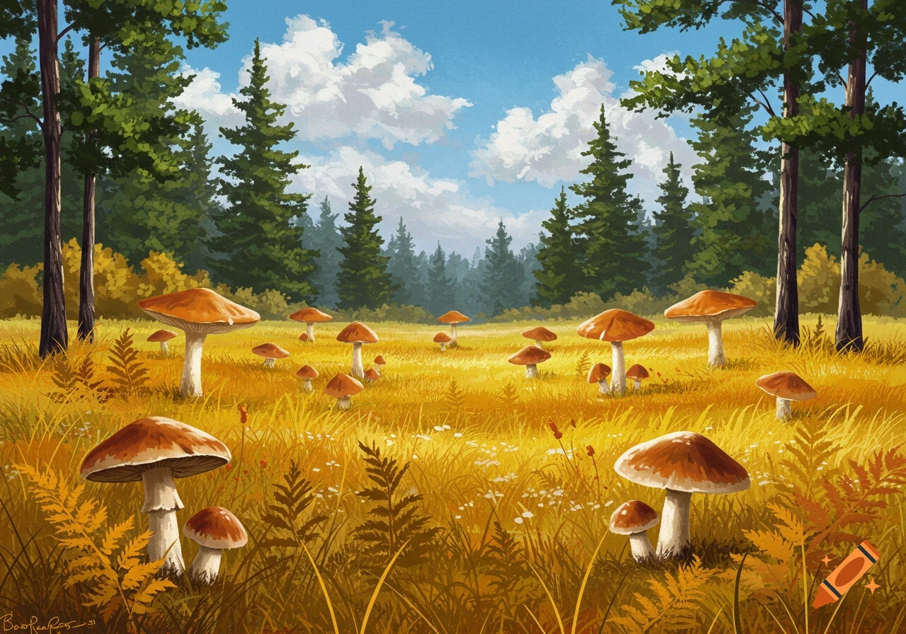 Colorful painting of a field of brown-capped mushrooms, tall golden grass, and green pine trees under a blue sky with fluffy white clouds.