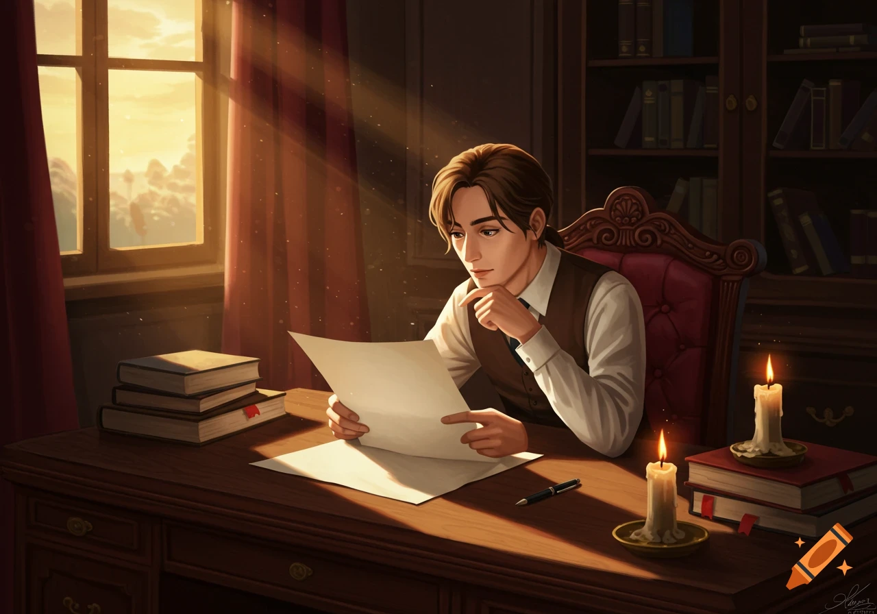An illustrated man reads a document in a sunlit study, surrounded by books and candles.
