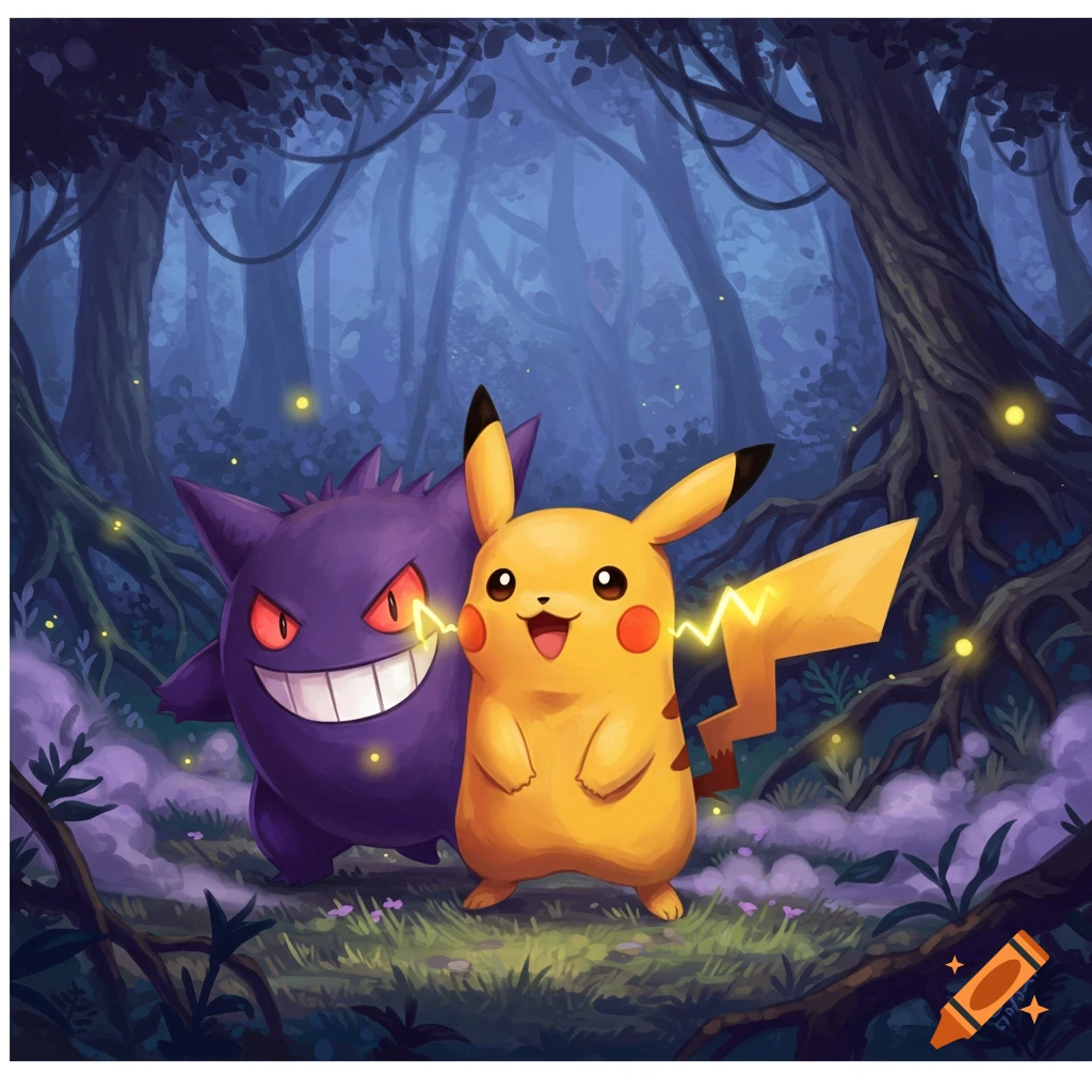 Pikachu and Gengar in a dark, glowing forest illustration.