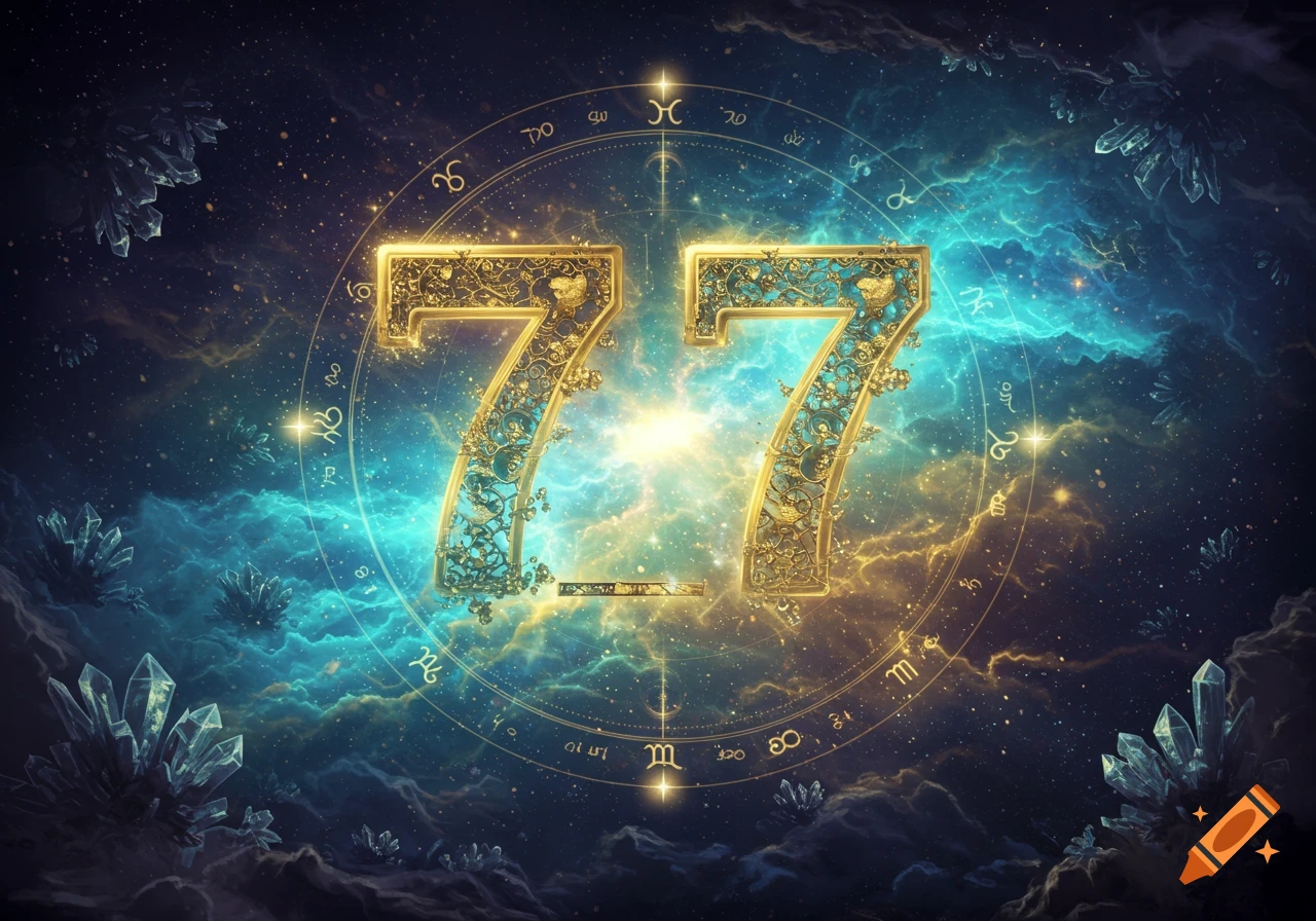 Ornate golden numbers '77' against a vibrant cosmic nebula background with sparkling stars and crystals, framed by an astrological dial.
