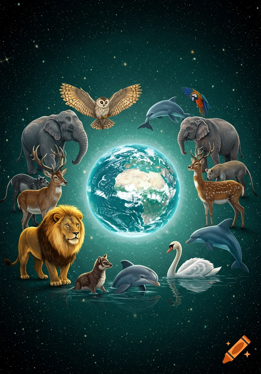An array of diverse animals, including a lion, elephants, deer, dolphins, an owl, and a swan, gathered around a glowing Earth against a starry, dark green space background. Illustrated style.