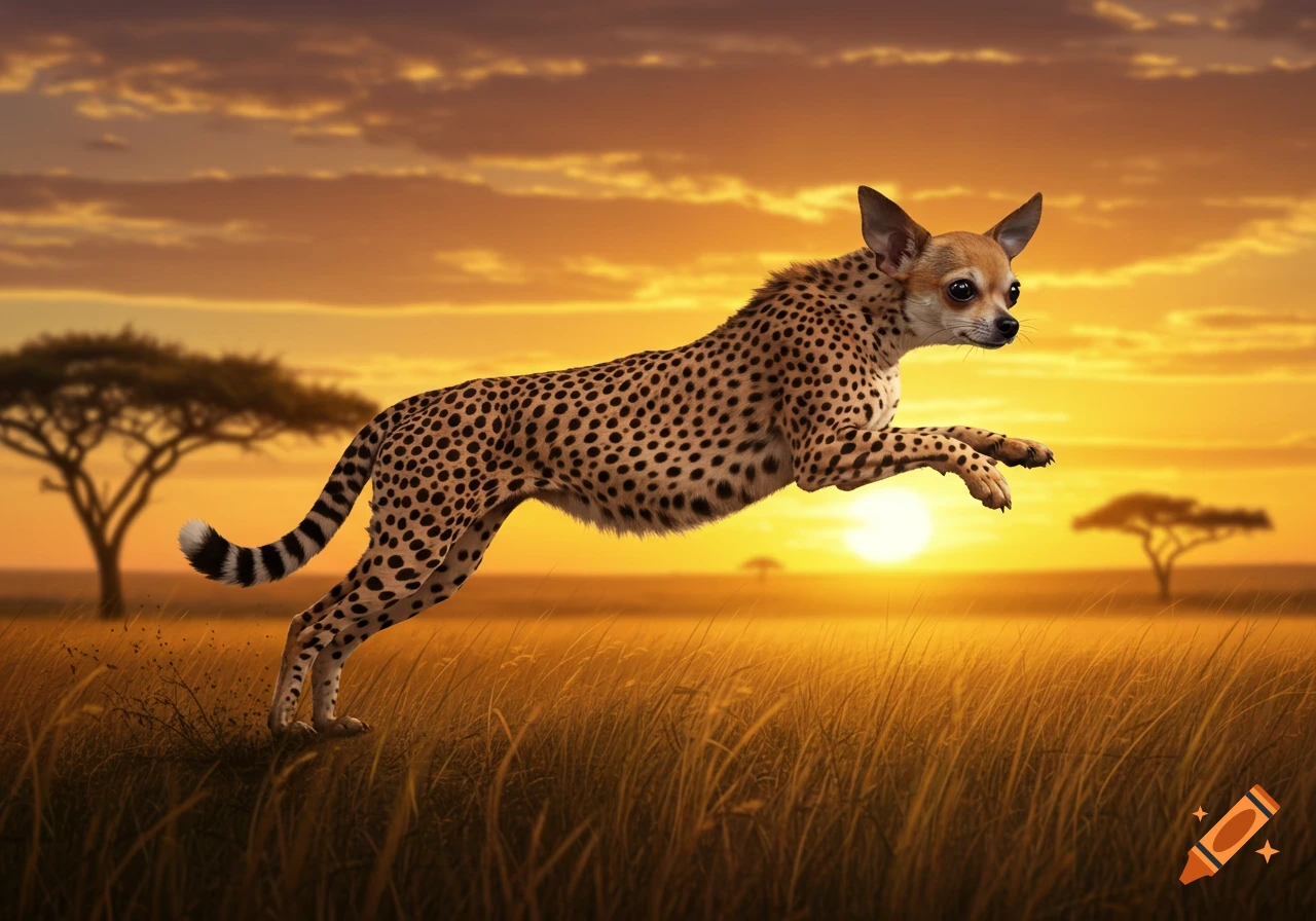 A chihuahua-headed cheetah runs through a golden savanna at sunset.