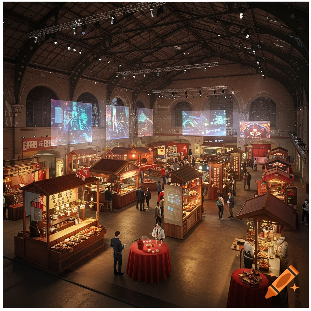 An expansive indoor market or exhibition space with numerous wooden food stalls, people browsing, and large screens displaying digital art. The architecture is a grand, high-ceilinged hall.