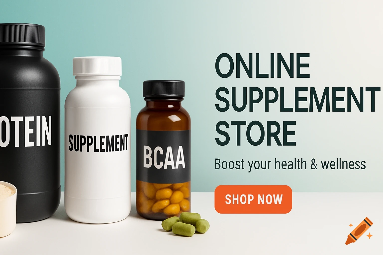 A banner for an online supplement store with protein, supplement, and BCAA bottles, green pills, and text 'ONLINE SUPPLEMENT STORE' and 'SHOP NOW'.