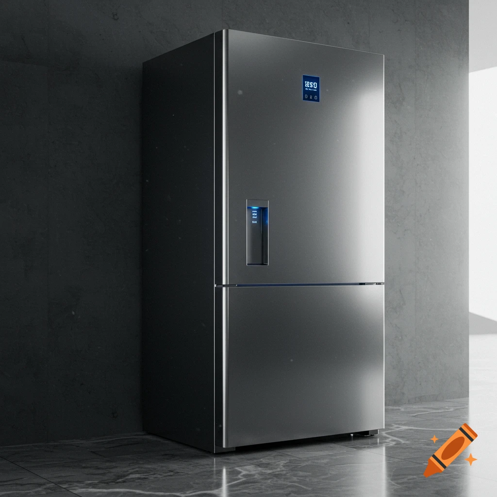 Modern, sleek, silver-grey titanium refrigerator with a digital display and water dispenser stands on a marble floor.