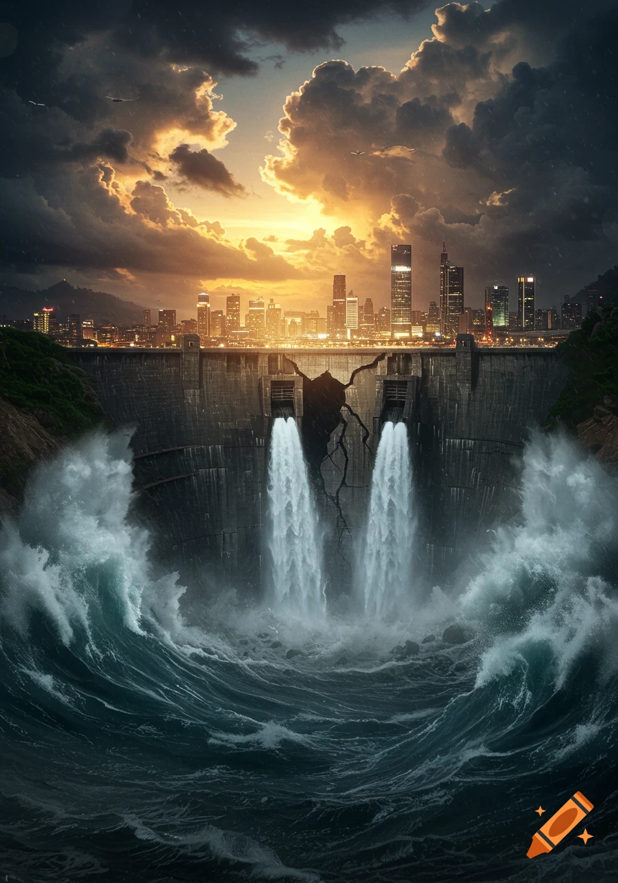 Dramatic scene of a city protected by a cracked dam, with stormy waves below and a fiery sunset.