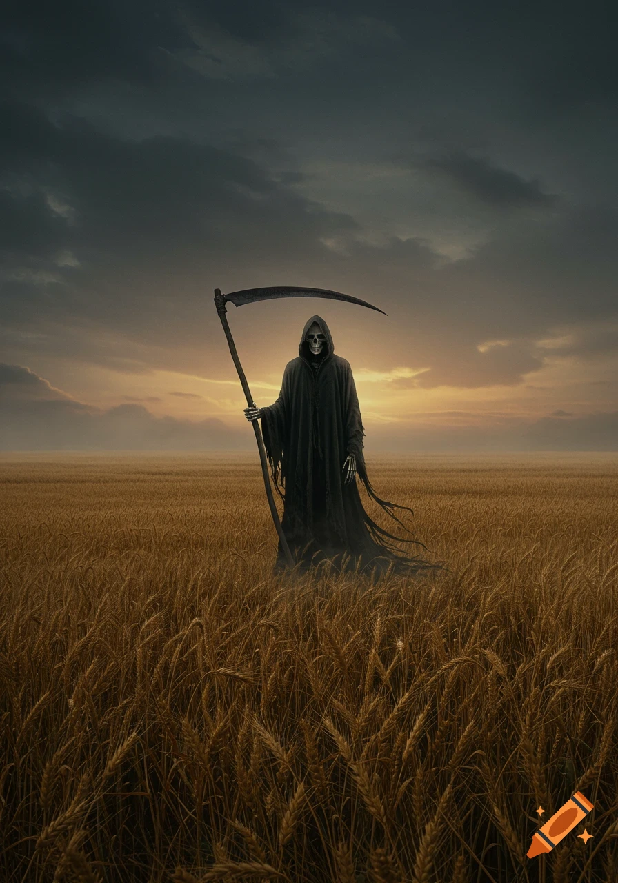 The Grim Reaper, a skeletal figure in a dark hooded robe, stands in a golden wheat field at sunset, wielding a scythe.