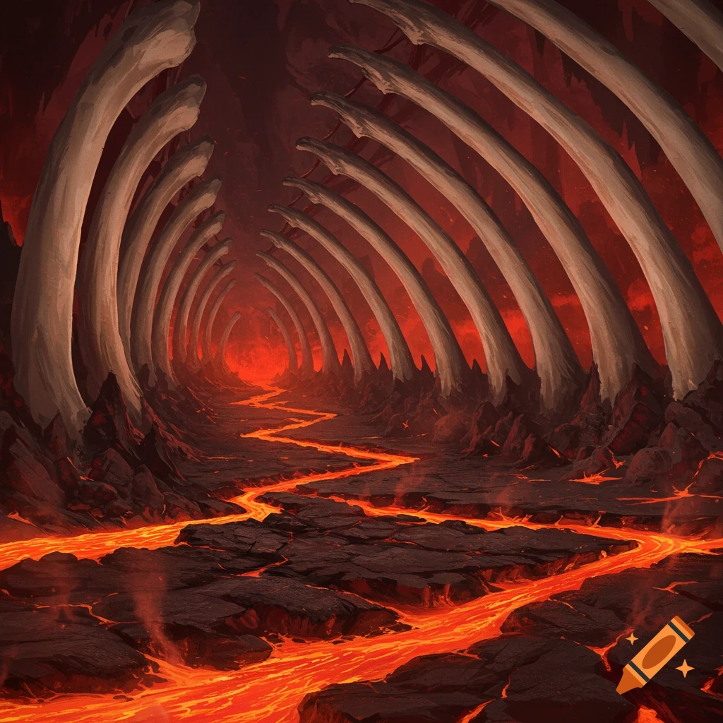 A dark fantasy landscape resembling a giant ribcage, with glowing lava rivers flowing through cracked terrain under a fiery red sky.