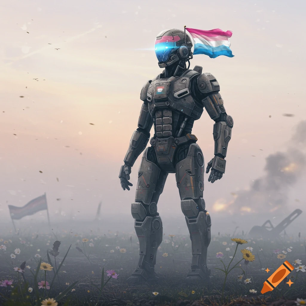 An armored robot with a glowing blue visor and a trans flag on its helmet stands in a misty field of flowers, with faint signs of destruction in the background.