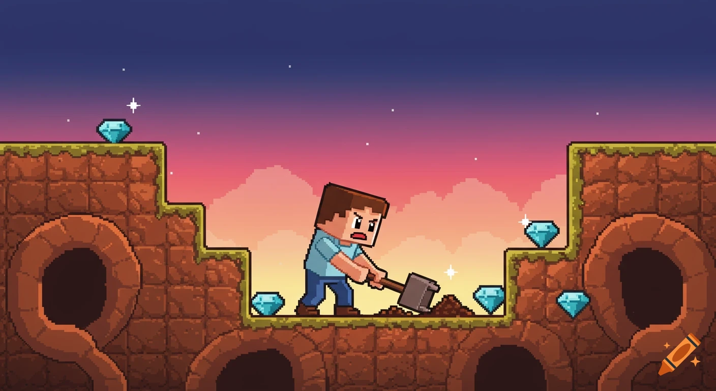 A pixel art character resembling Steve from Minecraft digs with a pickaxe in a brown cave system filled with blue diamonds under a twilight sky.