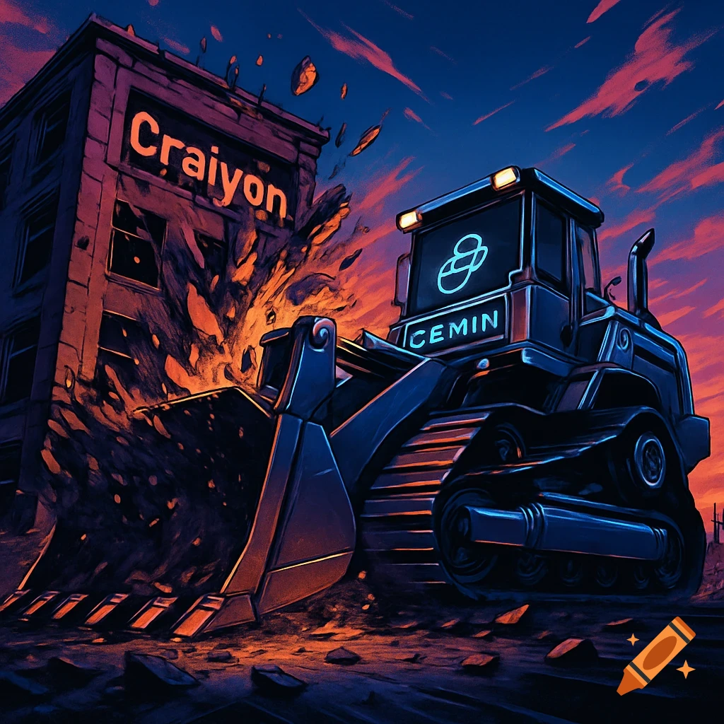 A stylized bulldozer with a blue glow and 'CEMIN' text tears down a building with 'Craiyon' on it under a dramatic orange sky.