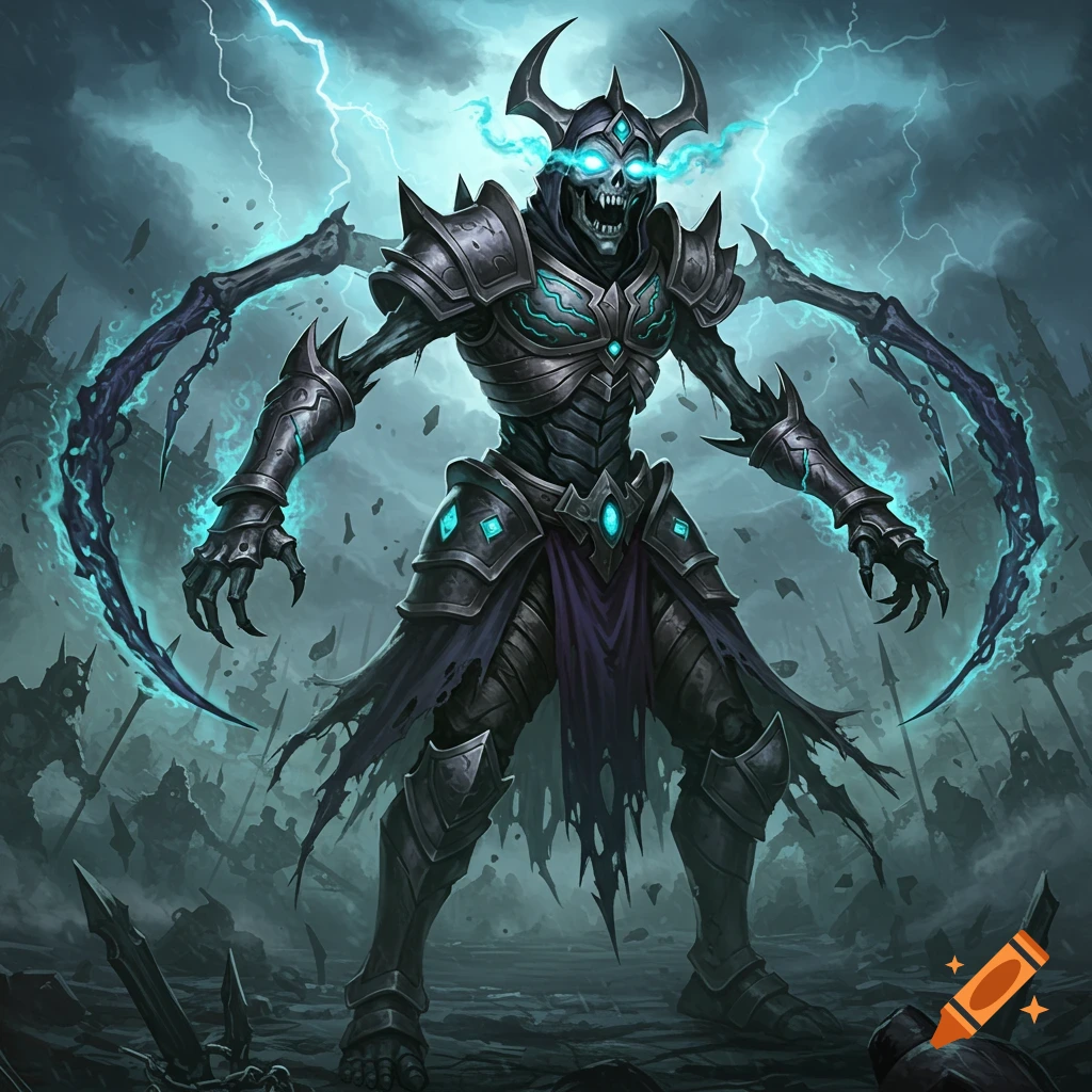 Armored skeletal warrior with glowing blue eyes and electric energy stands on a dark battlefield under a stormy sky.