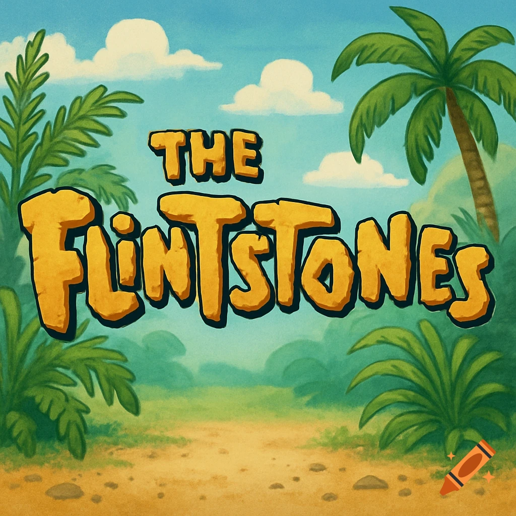 The Flintstones logo in its classic blocky orange style, set against a cartoon prehistoric jungle background.