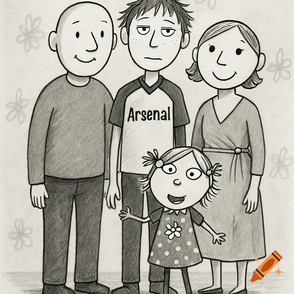 Black and white Charlie and Lola-style illustration of a family: two bald  parents, a grumpy teenage boy in an 'Arsenal' shirt, and a smiling young  girl. on Craiyon, image size:1024x1024