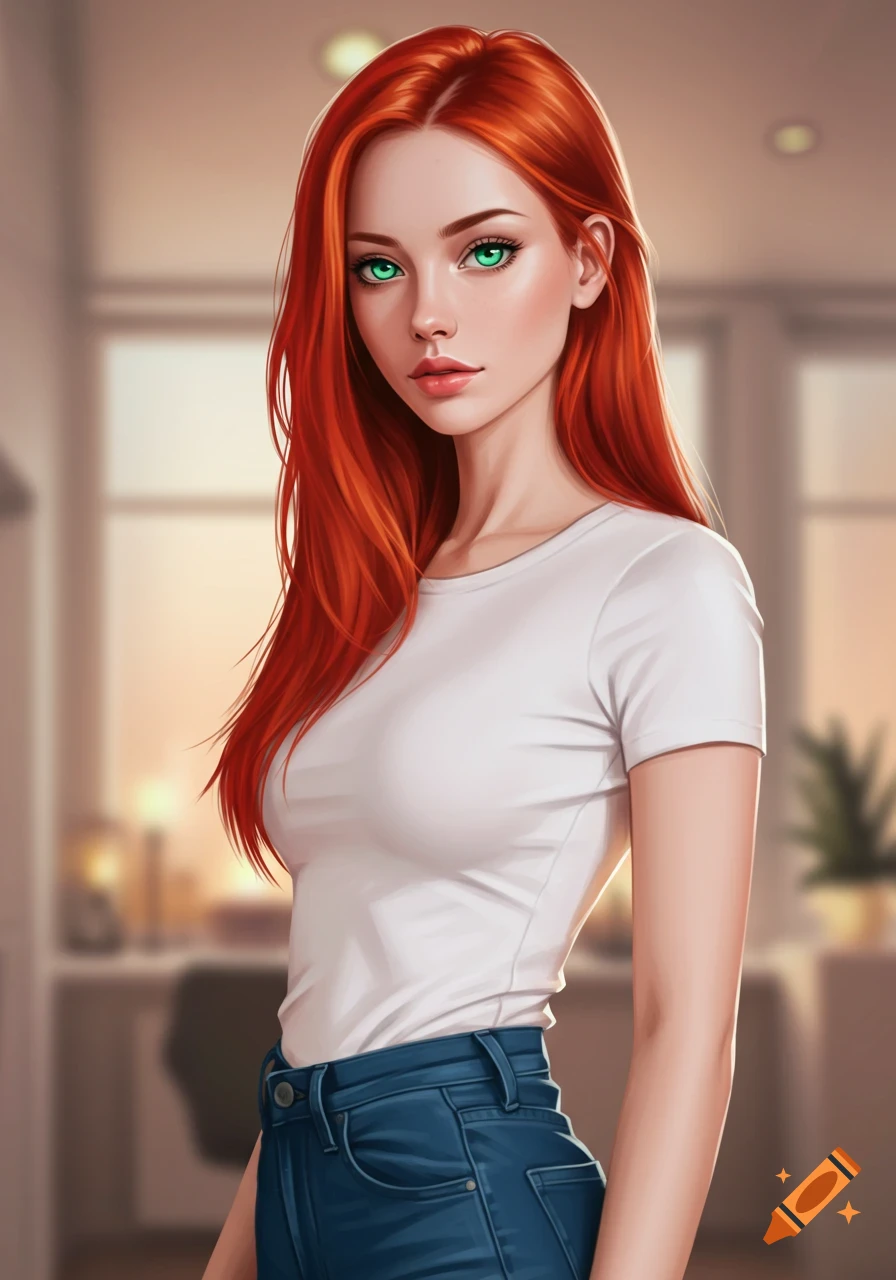 Digital art portrait of a red-haired woman with bright green eyes, wearing a white t-shirt and jeans.