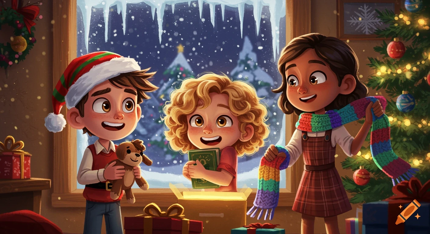 Three cartoon children happily opening Christmas gifts by a window with snow falling, a Christmas tree nearby.
