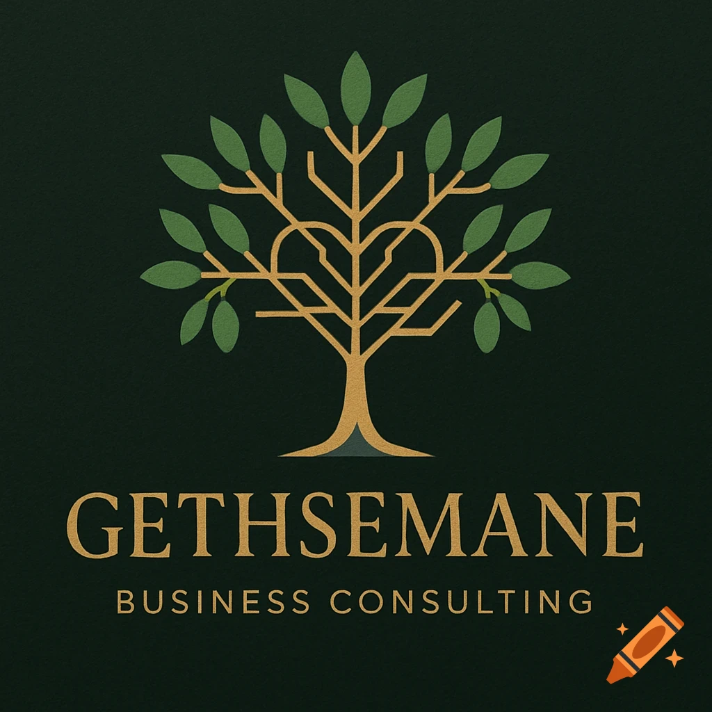 A stylized golden tree logo with green leaves, branches forming a heart, above 'GETHSEMANE BUSINESS CONSULTING' text on dark green.