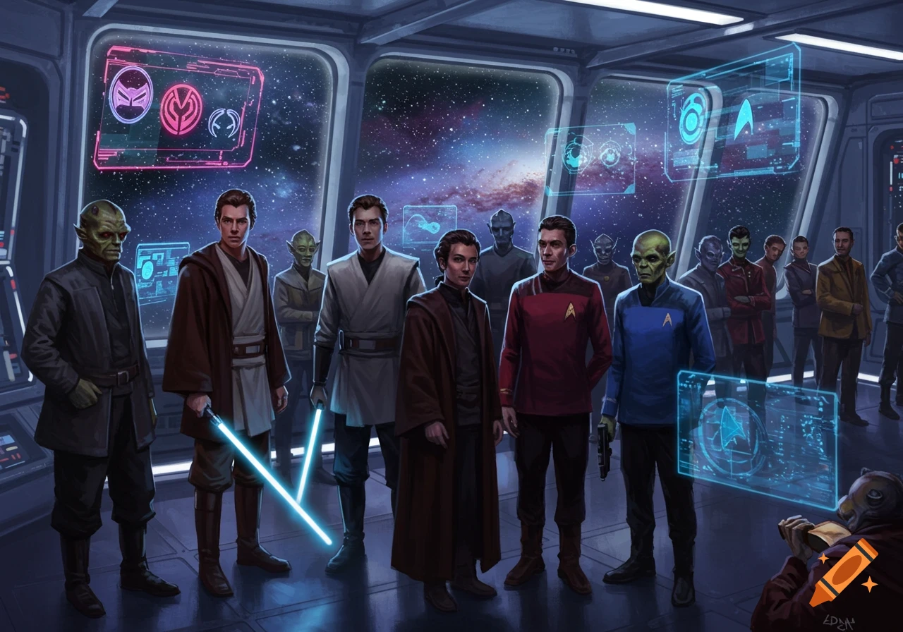 An illustration of Star Wars and Star Trek characters, including Jedi and Starfleet officers, standing on a spaceship bridge with holographic screens displaying symbols and a view of space.
