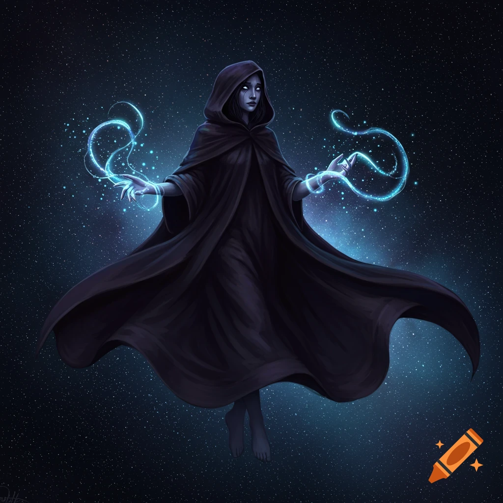 A dark hooded figure in a flowing cloak floats against a starry sky, emanating blue cosmic energy from her hands.