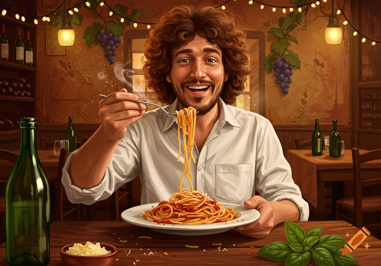 Happy man with curly hair eats spaghetti from a plate with a fork in a warm, lit Italian restaurant setting.