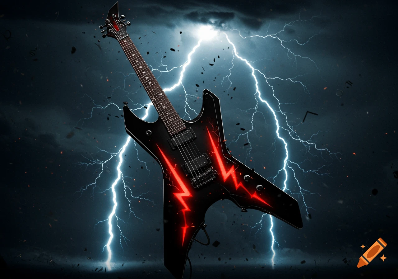 A black angular electric guitar with red lightning patterns floats against a dark, stormy sky with bright white lightning strikes.