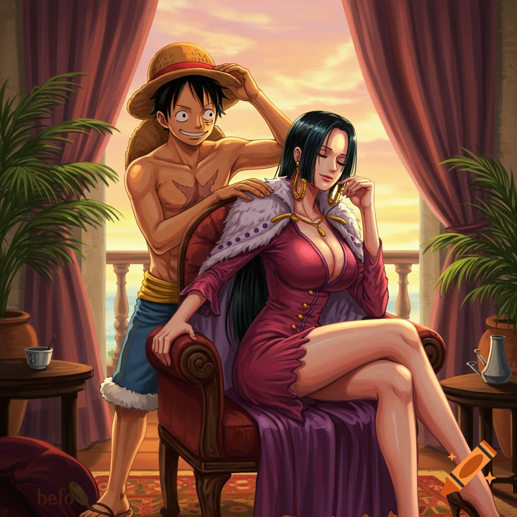 Anime illustration of Luffy adjusting his straw hat behind a seated Boa Hancock in a lavish room overlooking the sea.