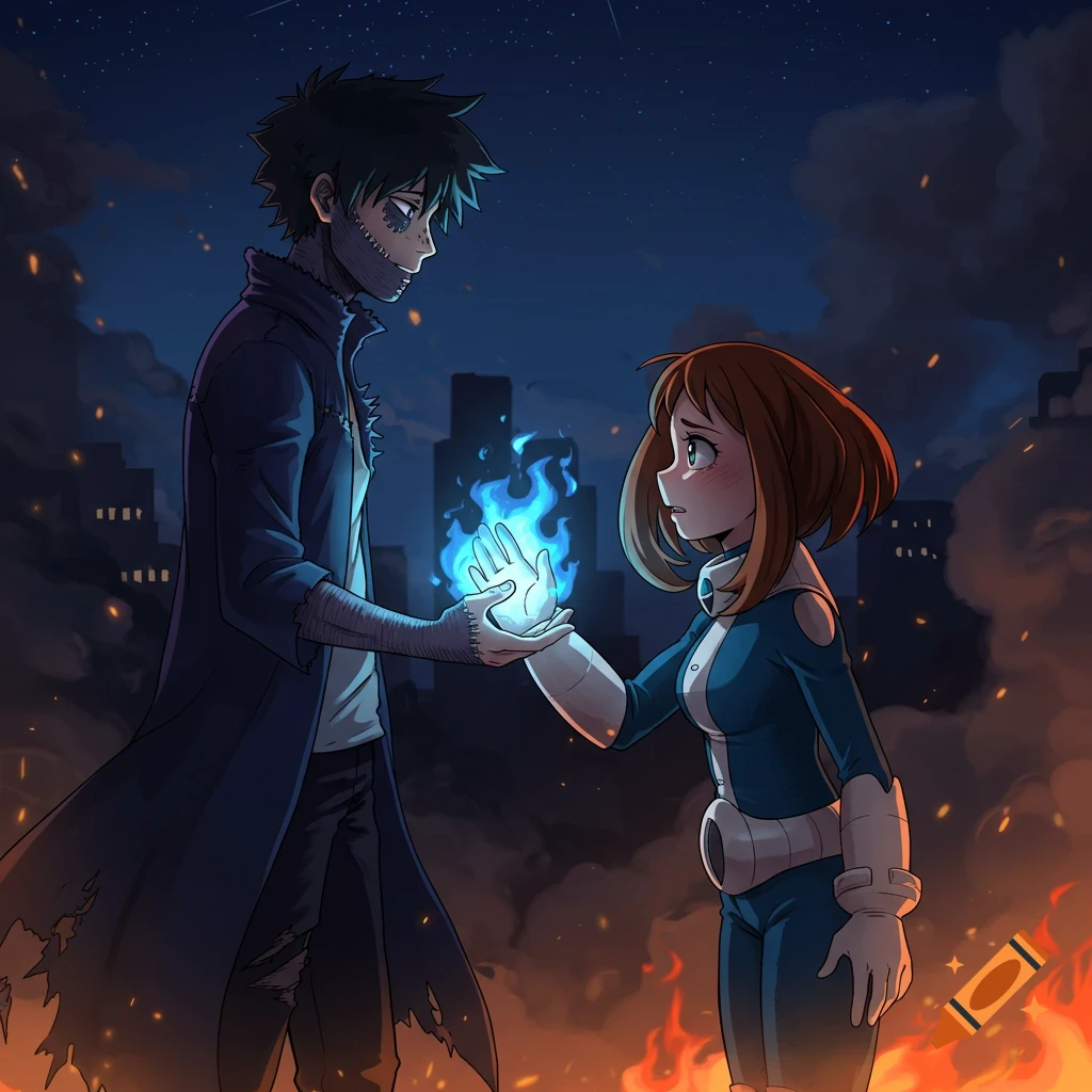 Anime illustration of Dabi holding a blue flame as Ochaco looks concerned, holding his hand in a burning city at night.