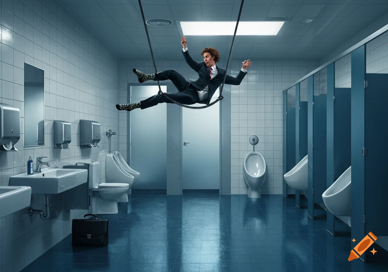A man in a suit joyfully swings on a trapeze in a pristine public restroom with urinals and stalls.