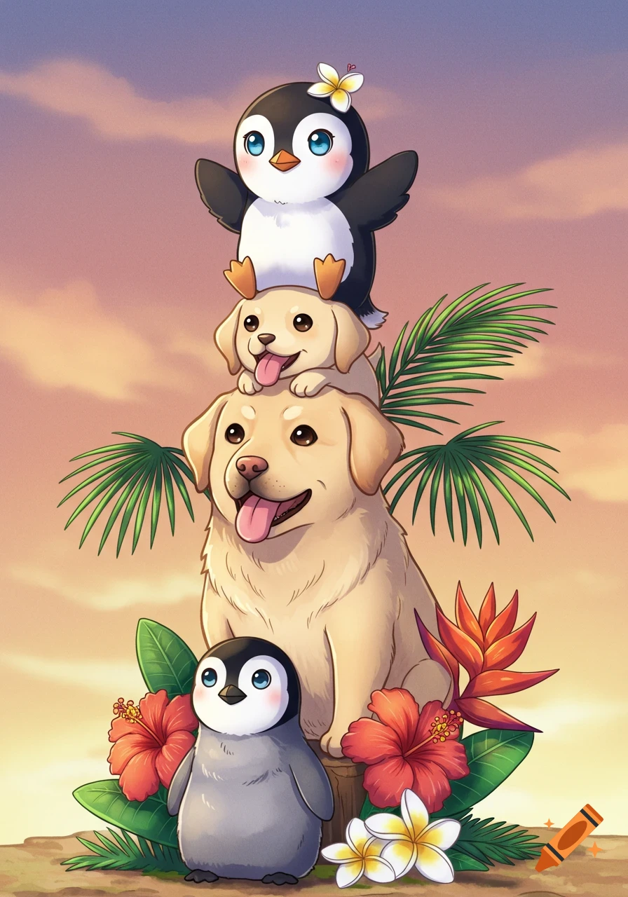 Cute anime cartoon of a stack of animals forming a totem pole. A baby penguin is on the bottom, a golden Labrador in the middle, a smaller golden Labrador on its head, and a baby penguin with a plumeria flower on top of that. Tropical flowers and palm fronds surround the base against a sunset sky.