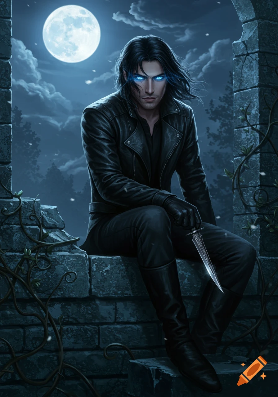 Realistic portrait of a dark-haired man with glowing blue eyes, sitting on a stone wall holding a dagger under a full moon.