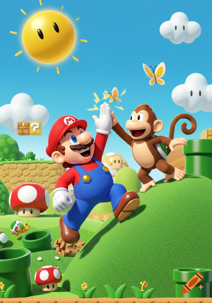Super Mario high-fives a monkey (Diddy Kong) in a vibrant, sunny cartoon video game landscape with pipes and mushrooms.