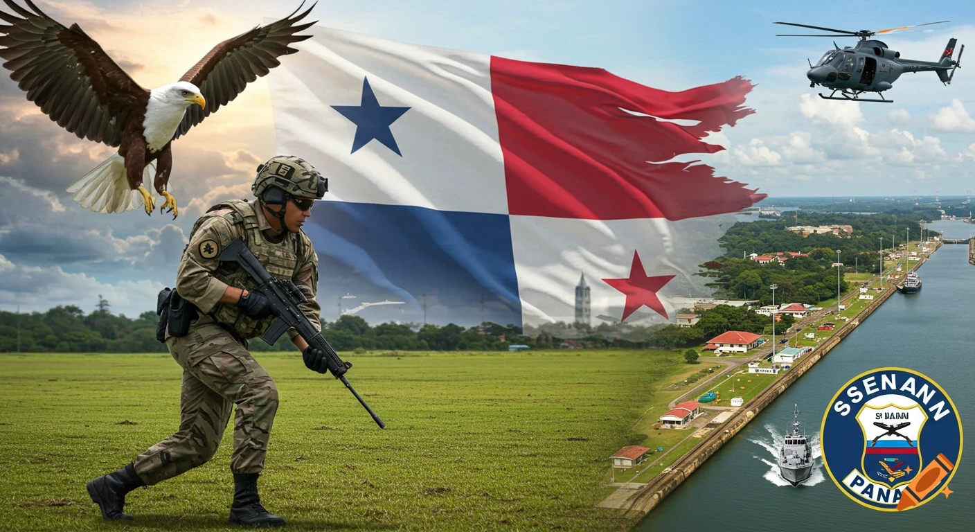 A Panamanian soldier, a bald eagle, and a torn Panamanian flag above the Panama Canal with a helicopter, patrol boat, and the SENAN emblem.