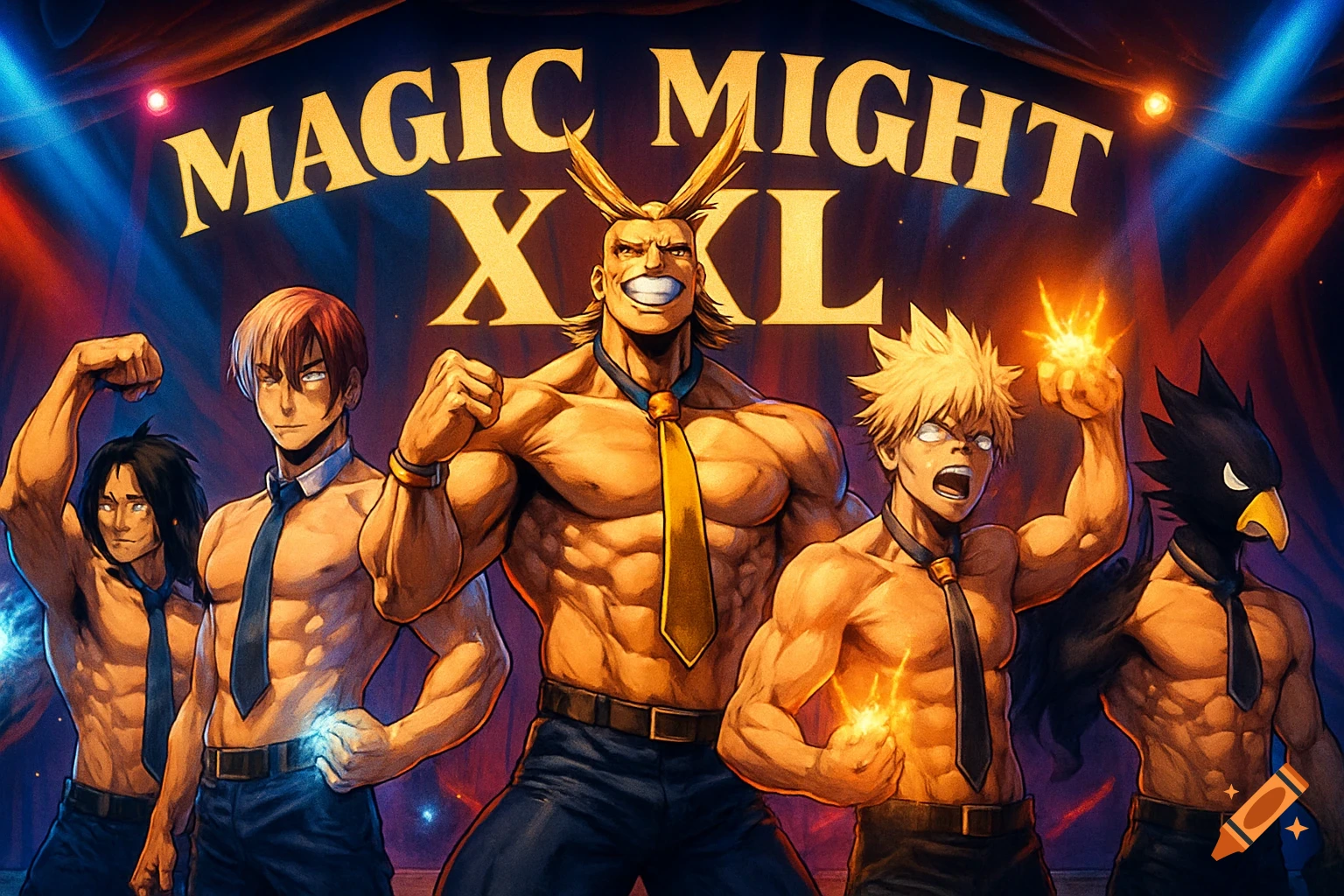 All Might and other muscular male My Hero Academia heroes shirtless in ties, posing on stage under a 'MAGIC MIGHT XXL' banner.