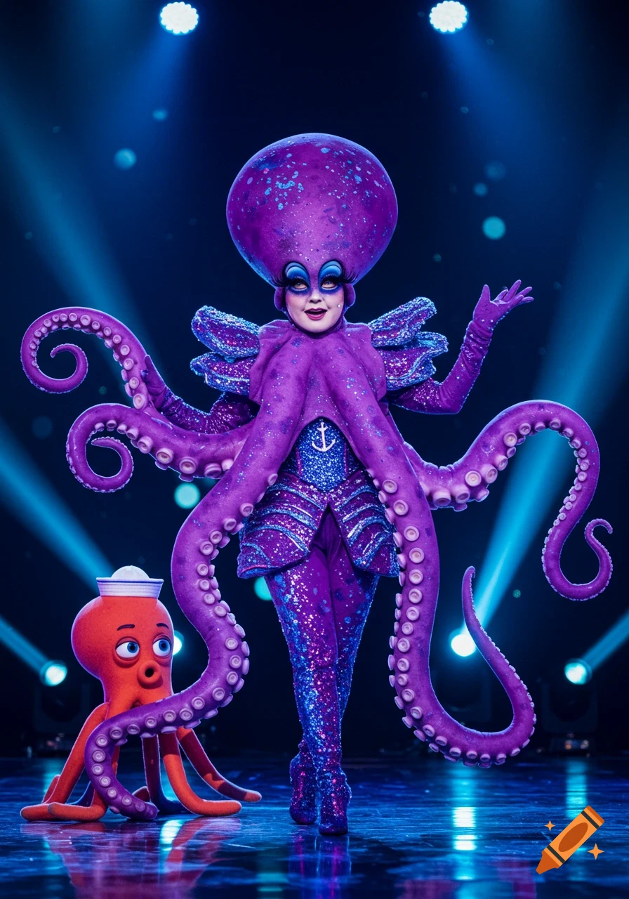 A person in a glittery purple octopus costume with a large head and many tentacles stands on a stage next to a small red octopus toy, under blue lights.