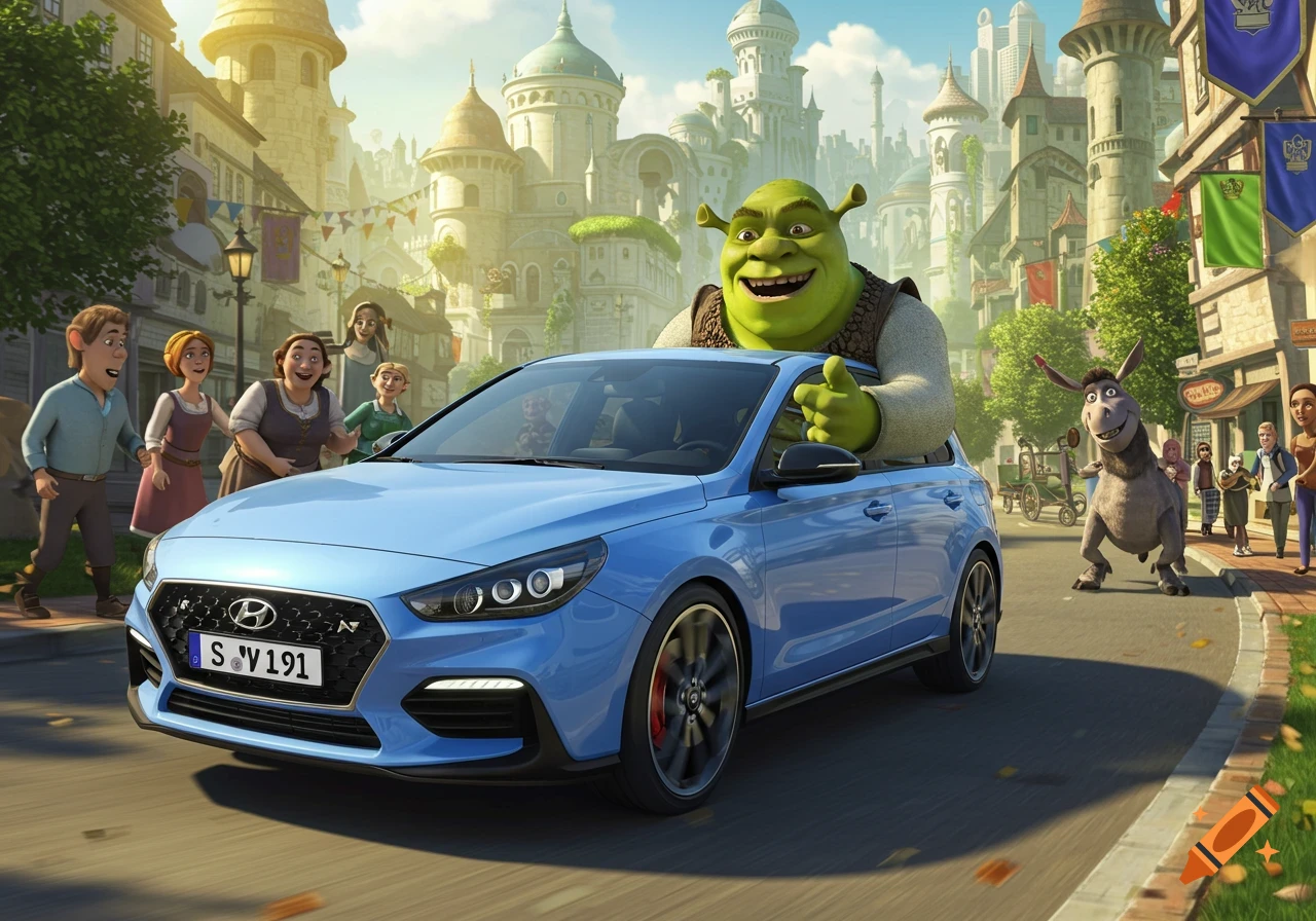 Shrek driving a blue Hyundai i30n through an animated fantasy town, with Donkey and villagers watching.