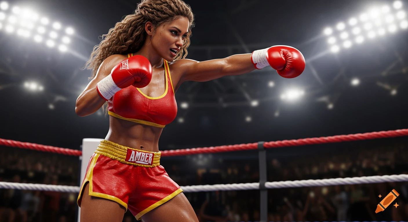 Hyper-realistic digital illustration of a female boxer with braided hair in a red sports bra and shorts, mid-punch in a brightly lit boxing ring.