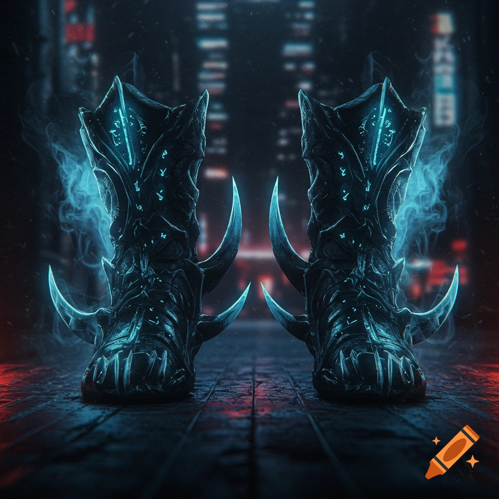 Two menacing, spiky, dark futuristic boots with glowing blue accents and smoke stand on a wet street in a cityscape.