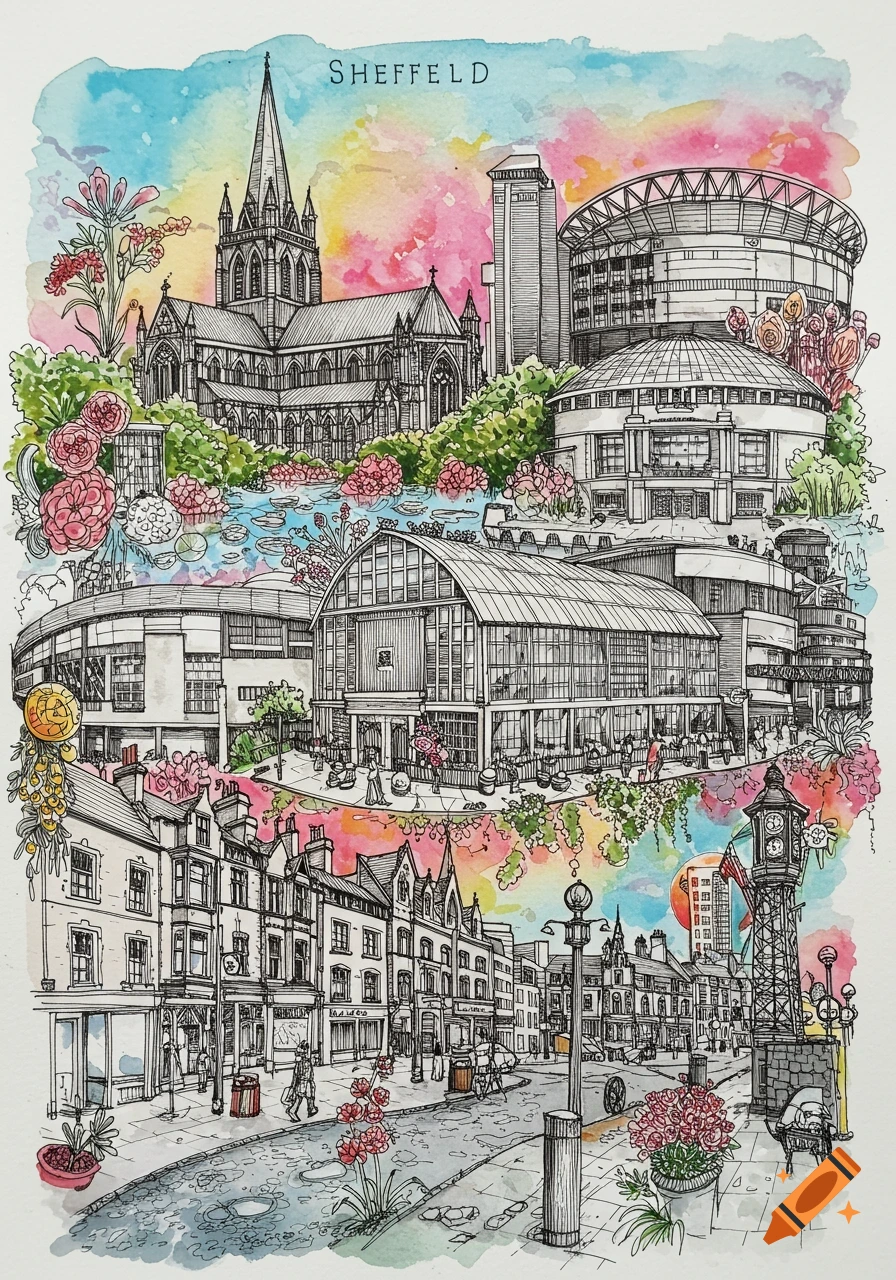 Whimsical watercolor and ink illustration of Sheffield, UK, showing famous landmarks, street scenes, and flowers under a rainbow sky.