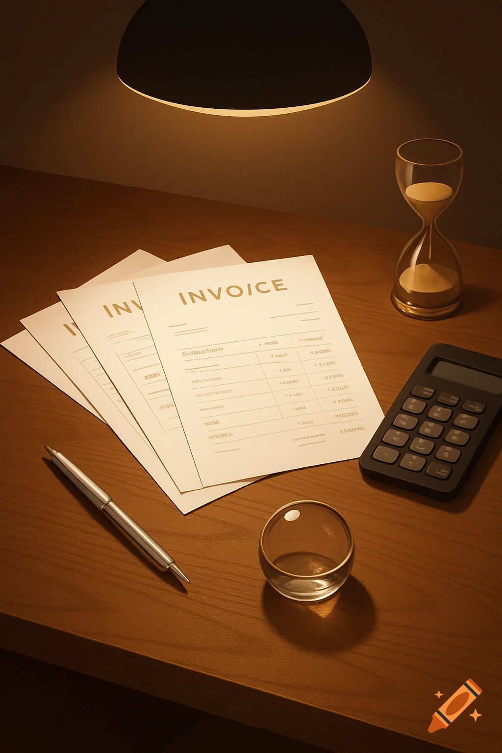 Still life of invoices, a calculator, a pen, an hourglass, and a glass on a wooden desk under a warm lamp.