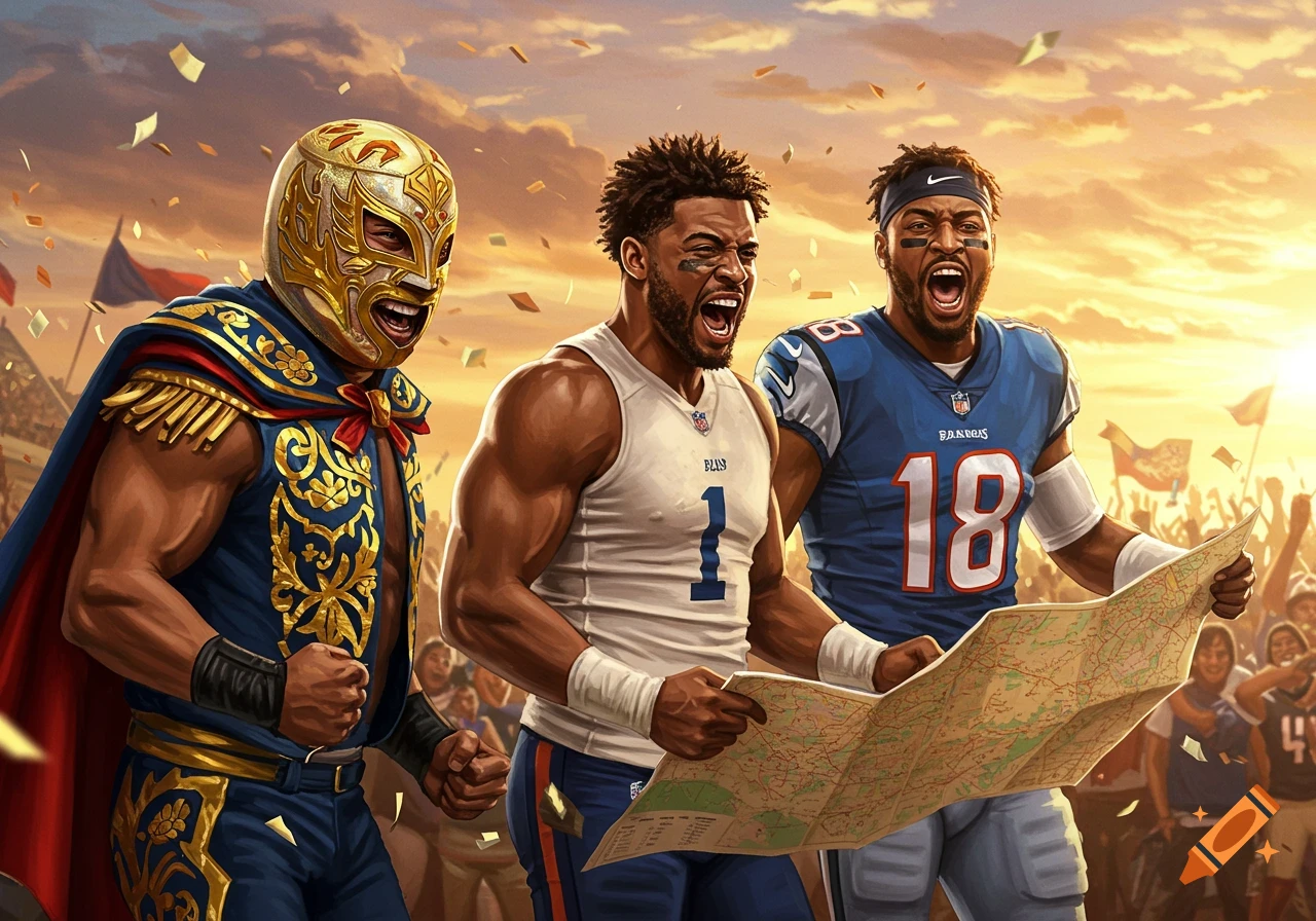 An illustration of a luchador and two excited football players in jerseys holding a map, with confetti falling against a sunset stadium background.