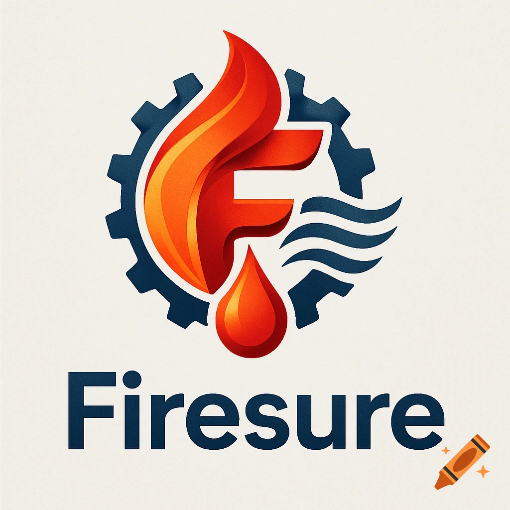 A logo featuring a stylized red and orange flame shaped 'F', blue gear, water waves, and droplet, with the word 'Firesure' below.