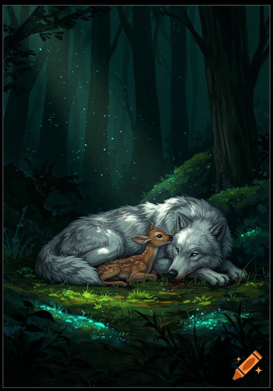 An illustrative image of a large white wolf resting in a dark, magical forest clearing with a small brown fawn by its side.