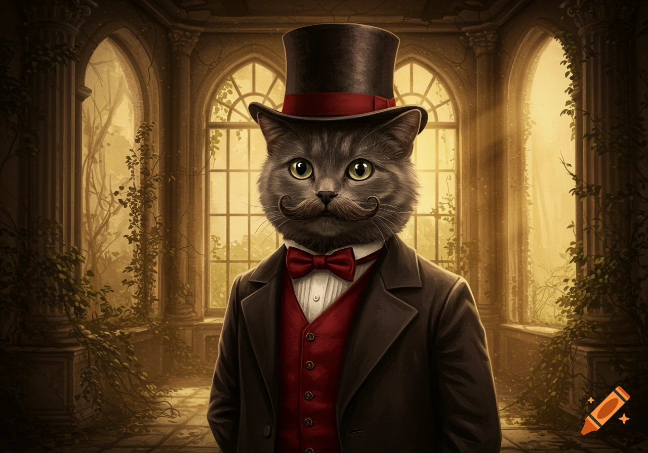 A dapper grey cat with a curly mustache, top hat, and red bow tie stands in an elegant, overgrown room.