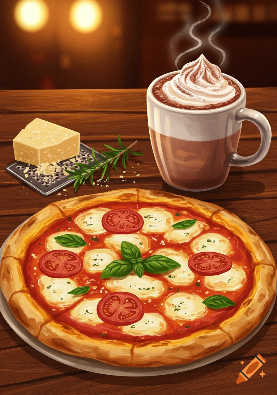 Illustrative pizza, hot chocolate with whipped cream, and Parmesan cheese on a wooden table.